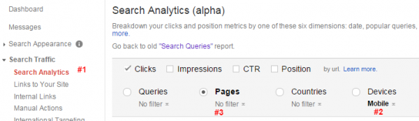 Google Webmaster Tools Search Analytics Report for Top Mobile Pages