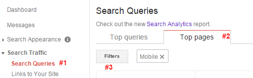 Google Webmaster Tools Search Query Report for Top Mobile Pages