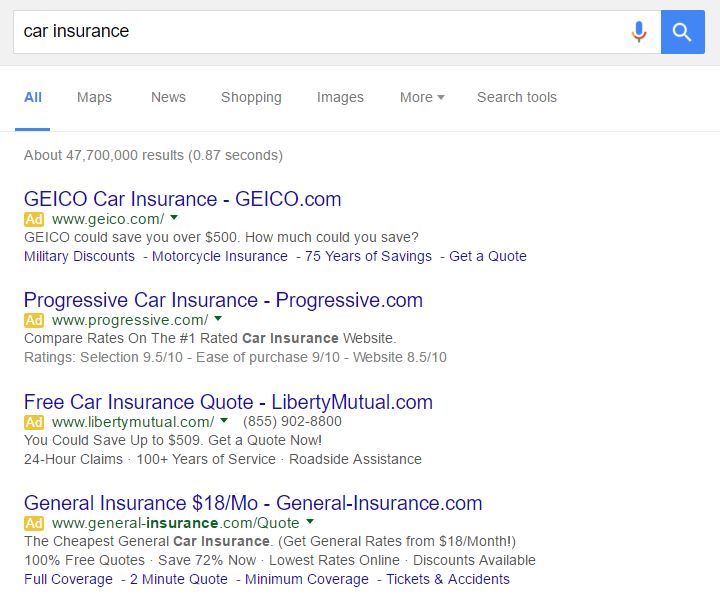 Google SERPs for "car insurance"
