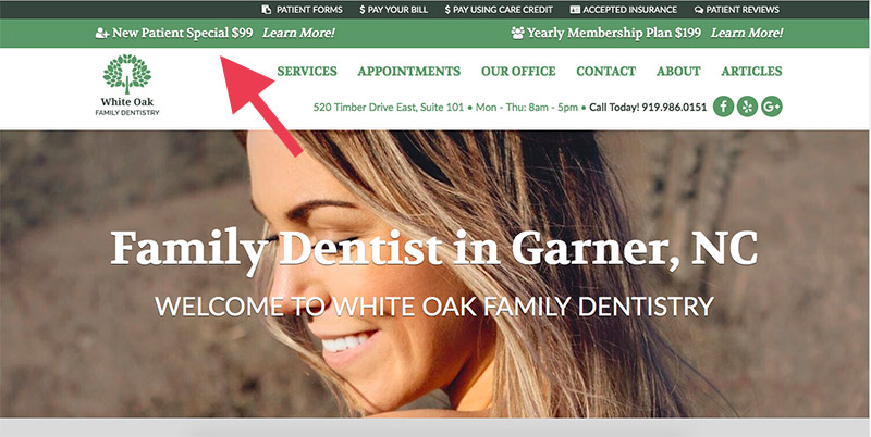 new patient special on dentist website
