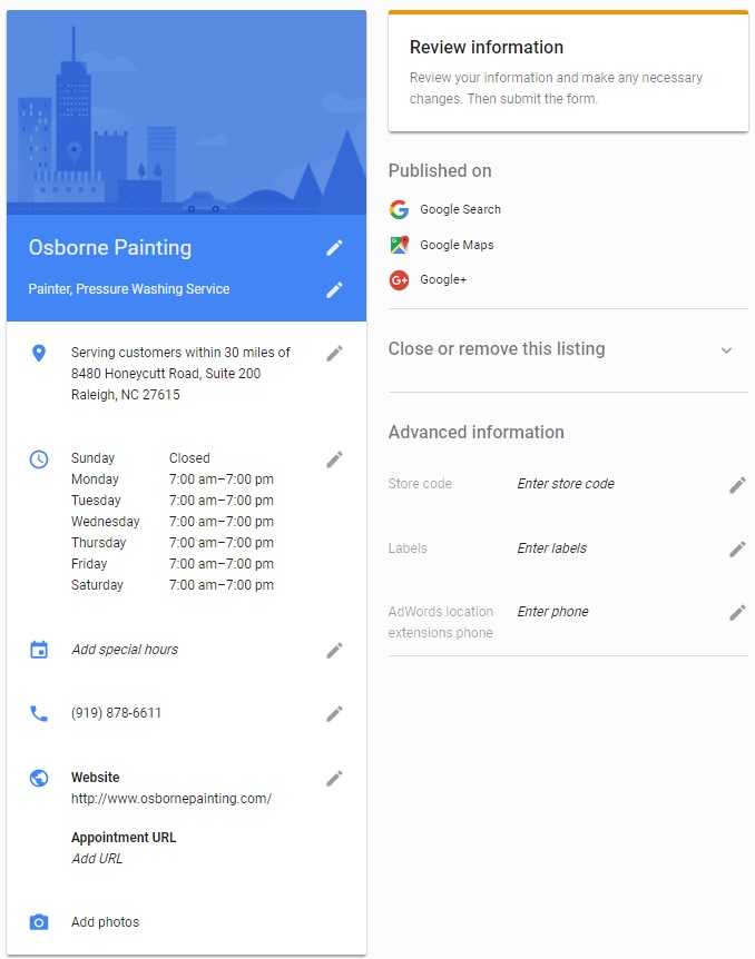 An example Google Business information form