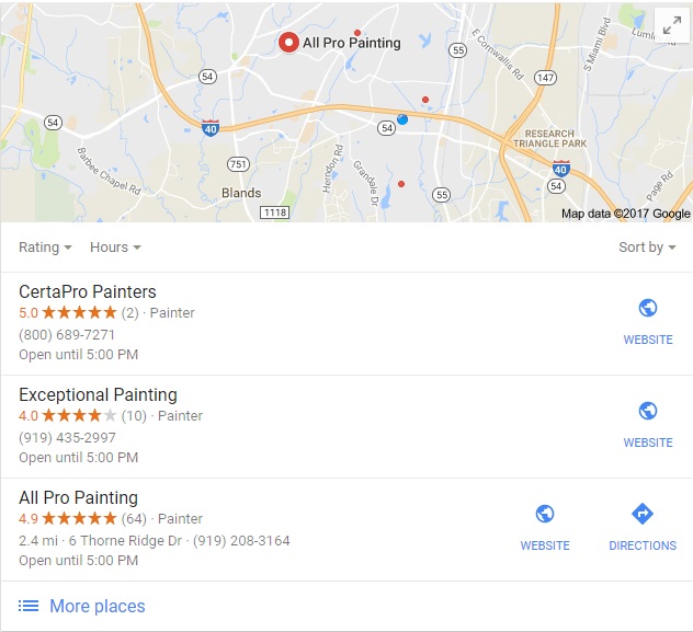 an example Google Business 3-pack search for "Durham Painter"