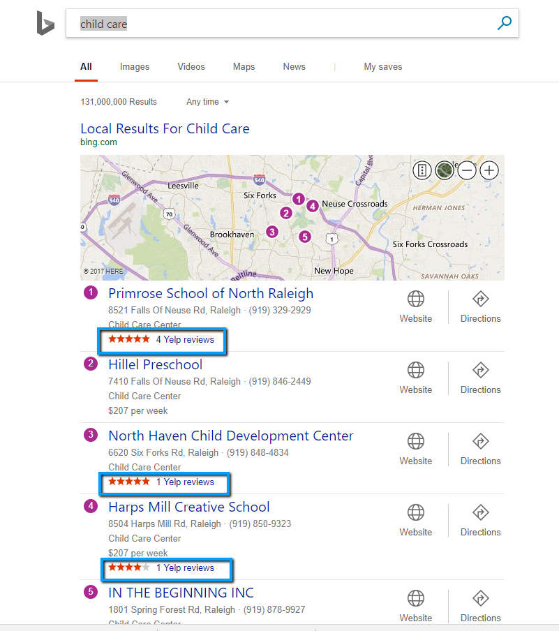 Bing Reviews Powered by Yelp