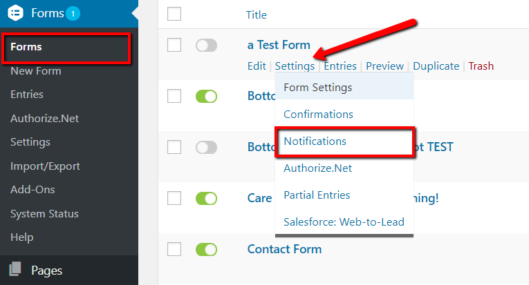 Select Gravity Form's Notification Settings
