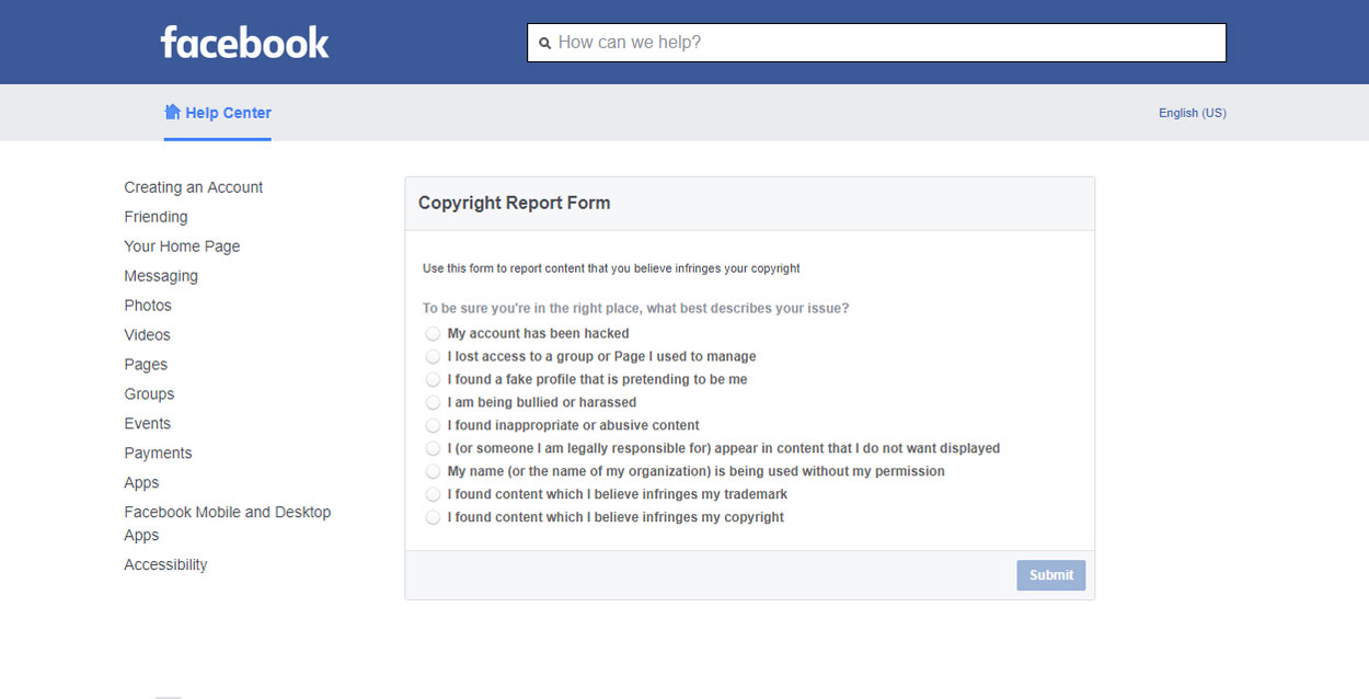 Copyright Report Facebook