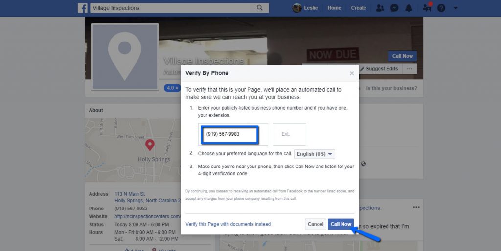 Verify Facebook page by phone