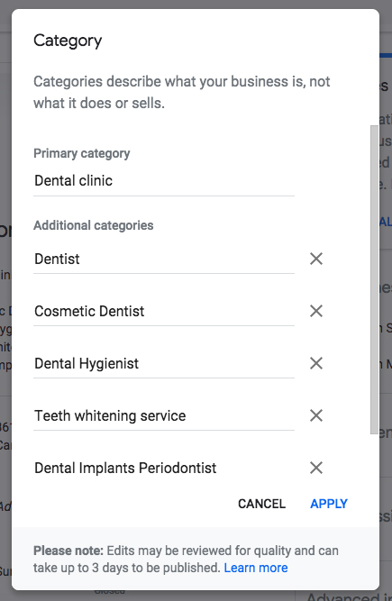 Google My Business Listing - Dental Categories