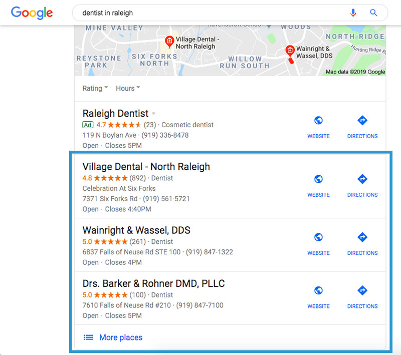 dentist in raleigh google three pack