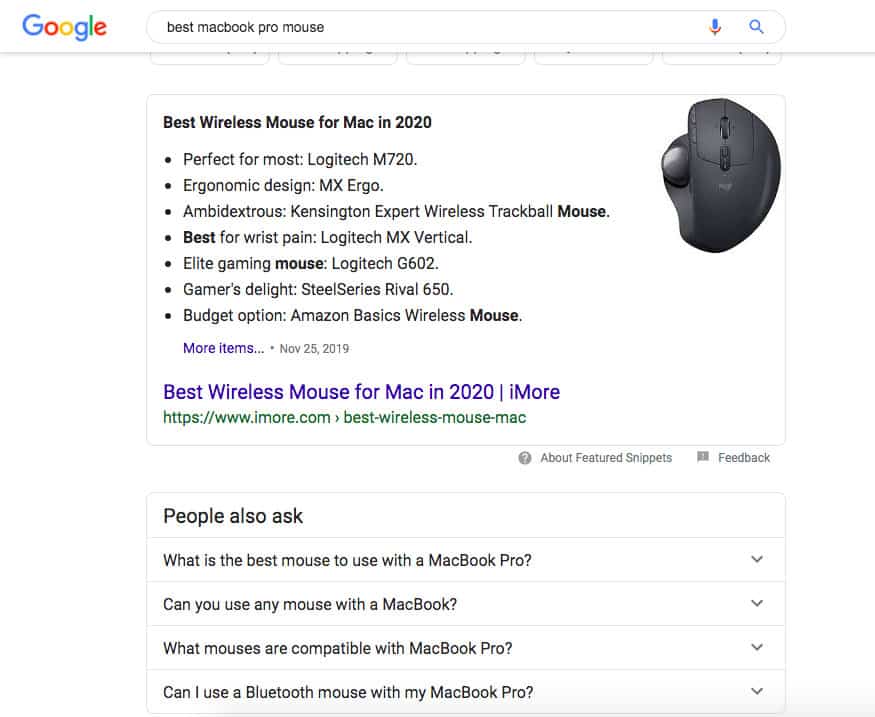example of featured snippet on google