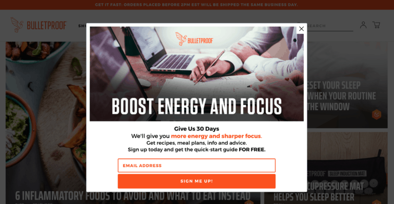 shopify example: BULLETPROOF Pop up