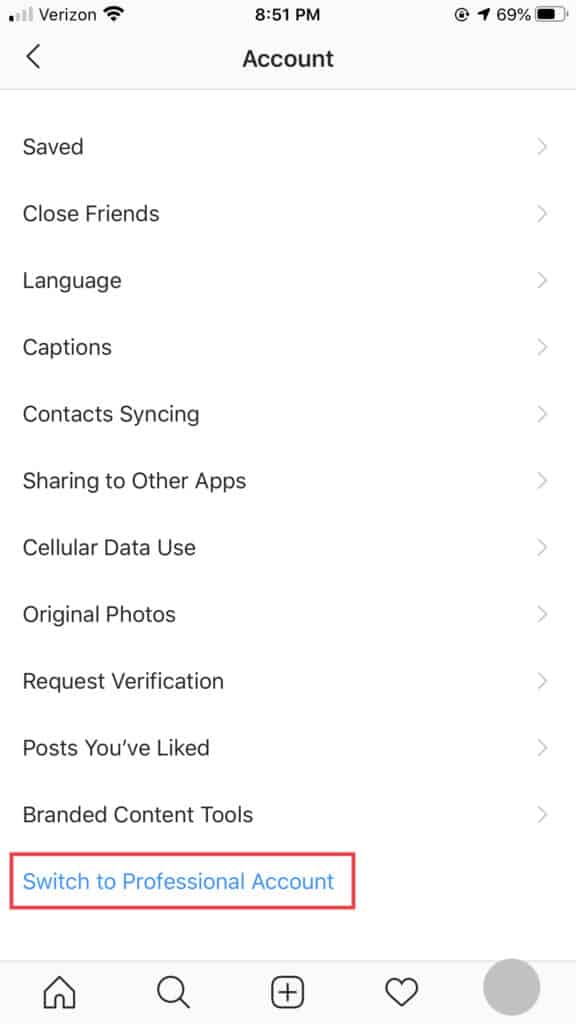 Switch to Professional Account in Instagram settings