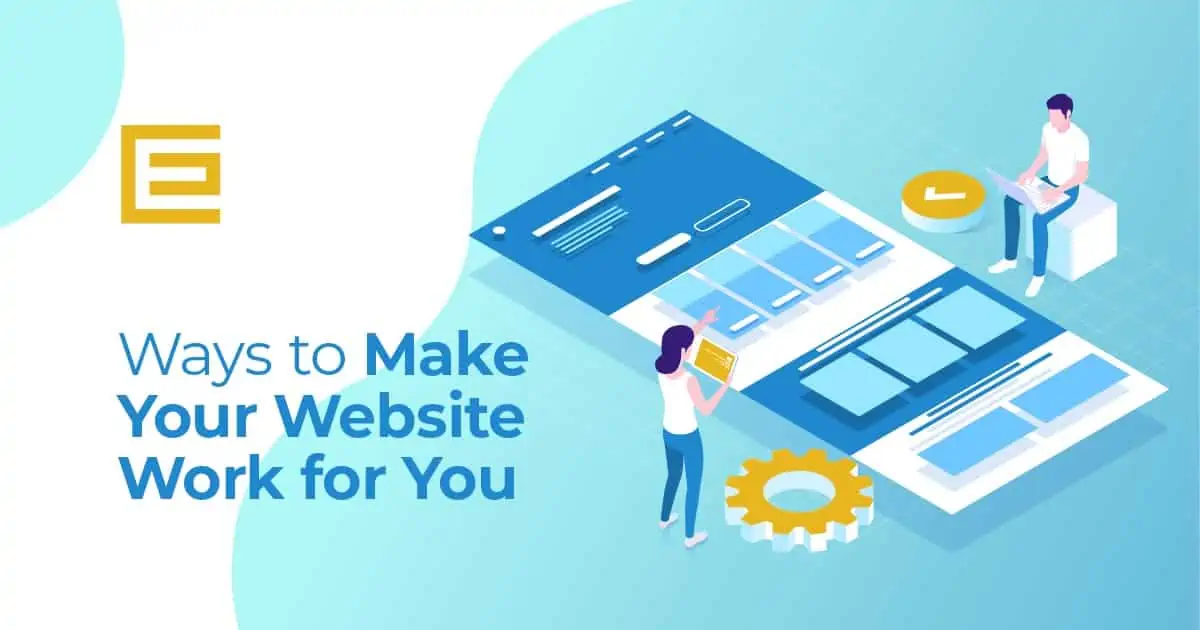 Graphic of two illustrated people sitting around a website wireframe wondering what makes a good website.
