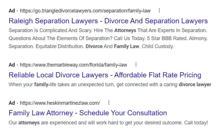 search engine results for attorneys. Some of the ads have less text than the others. 