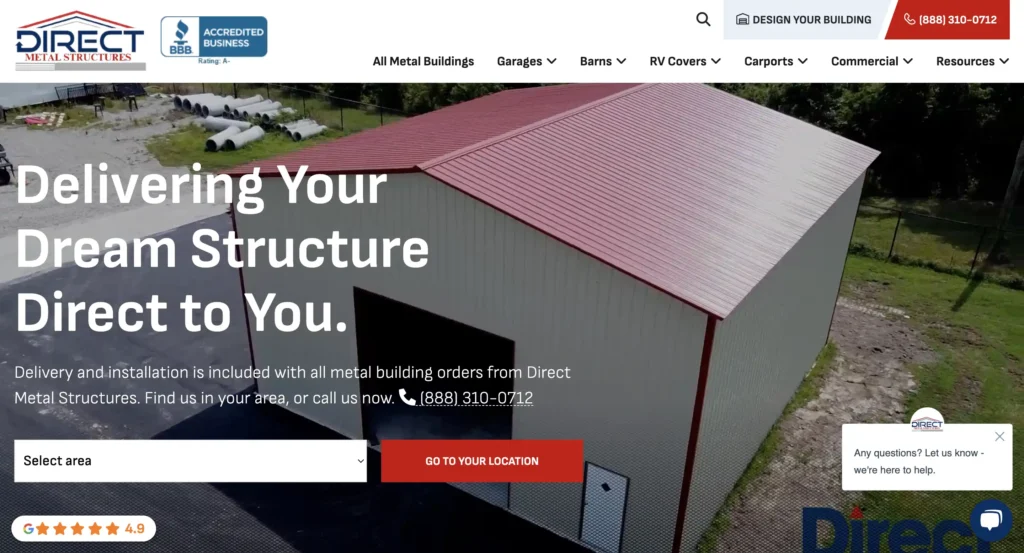 direct metal structures home page after