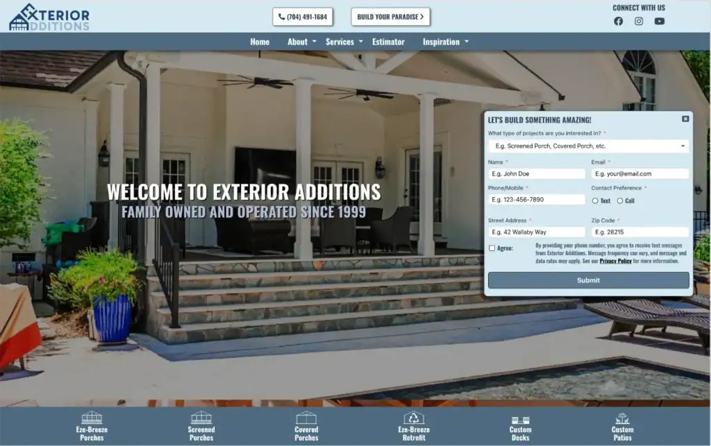 Exterior additions home page.