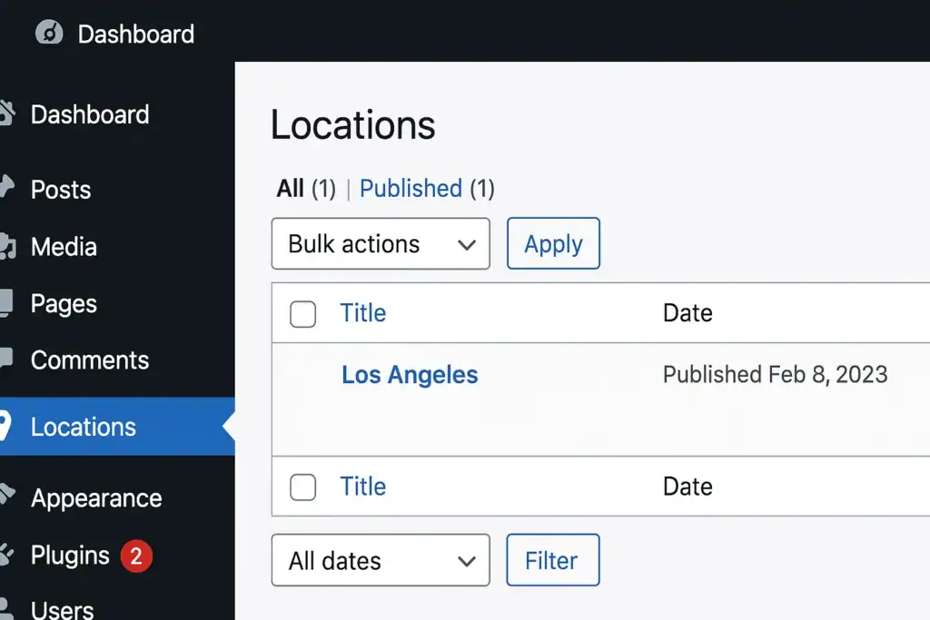 wordpress dashboard custom post type multi location redesign