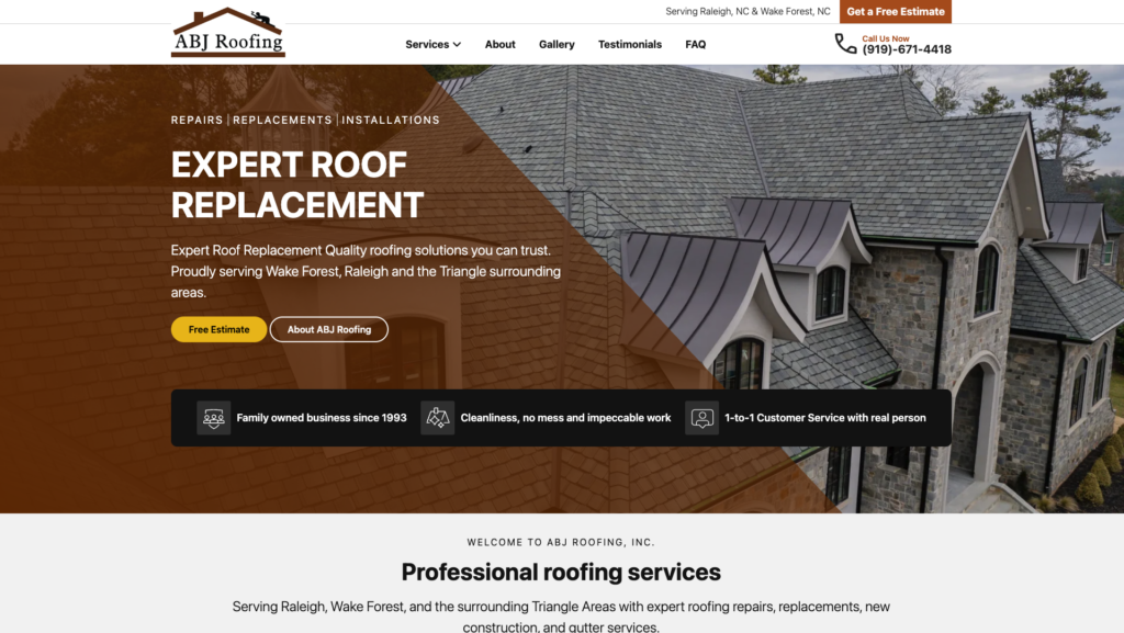 RBJ roofing homepage roofing website design