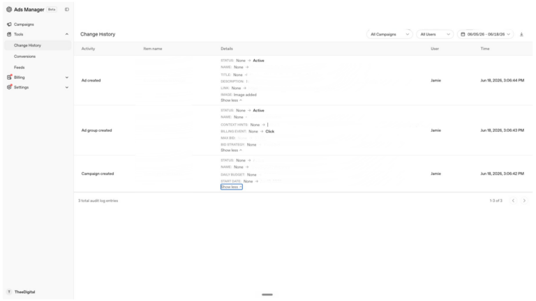ads manager chatgpt change history